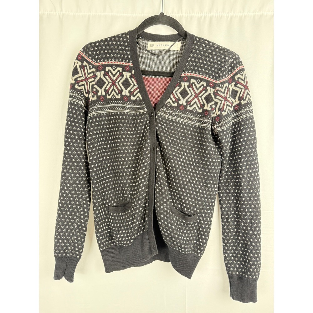 Zara Knit Cardigan Sweater Fair‎ Isle Pattern Button Front Gray Size M